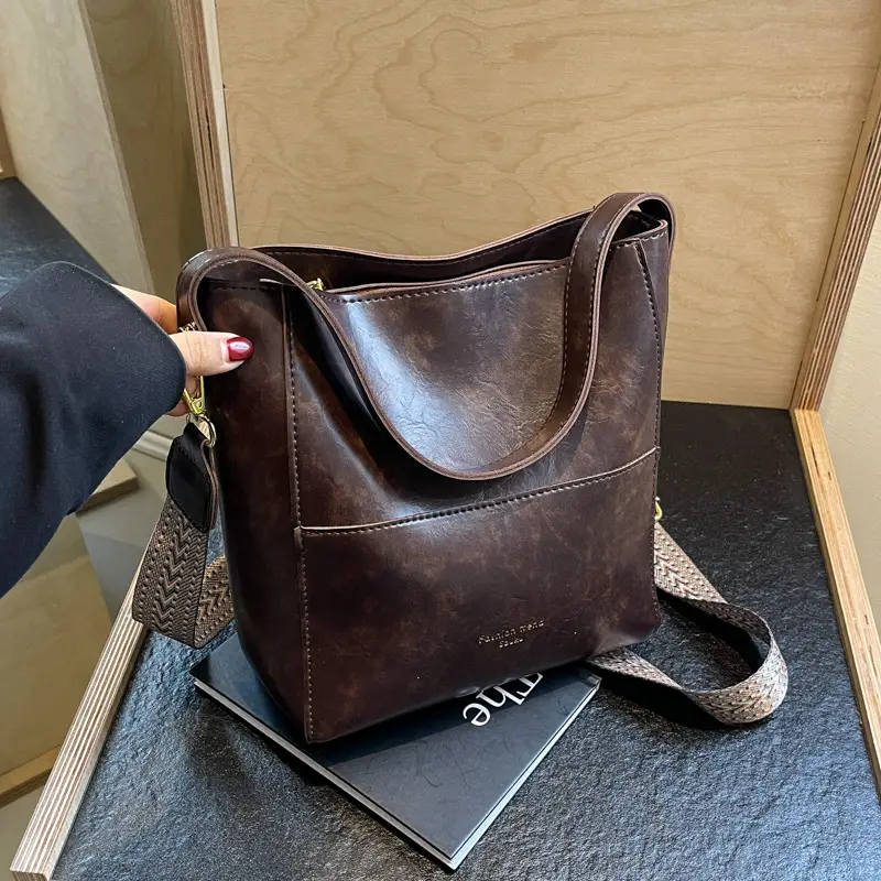 Brown Leather Bucket Bag with Wide Strap for Women - Image 5