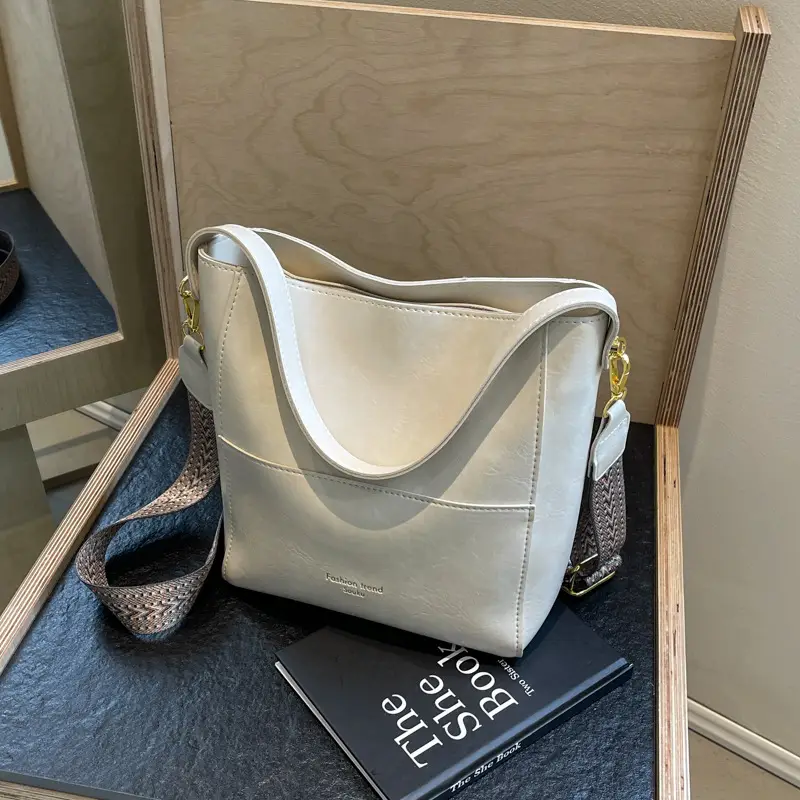 Brown Leather Bucket Bag with Wide Strap for Women - Image 6