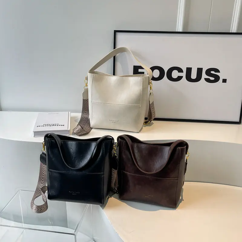 Brown Leather Bucket Bag with Wide Strap for Women - Image 7