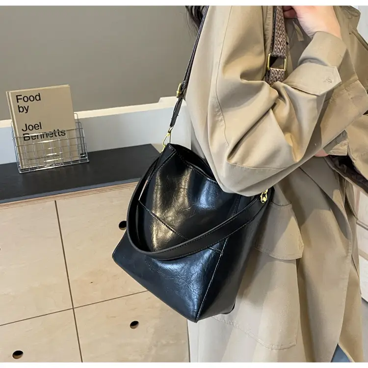 Brown Leather Bucket Bag with Wide Strap for Women — feature 10