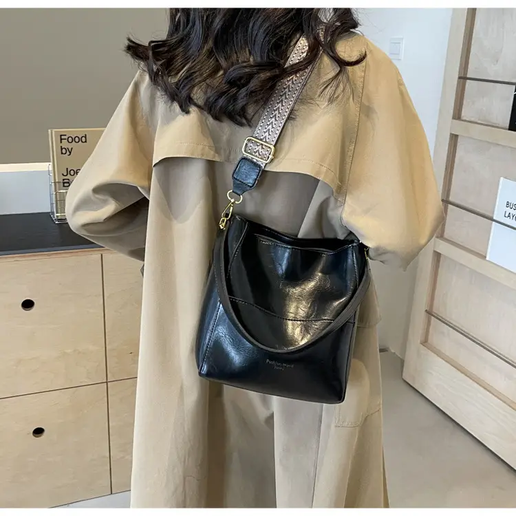 Brown Leather Bucket Bag with Wide Strap for Women — feature 11