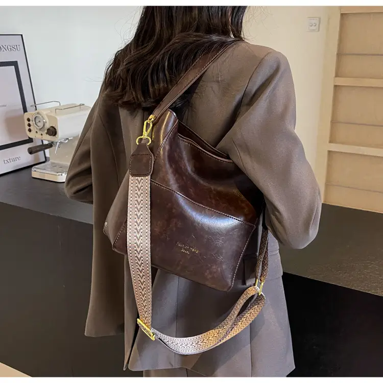 Brown Leather Bucket Bag with Wide Strap for Women — feature 15