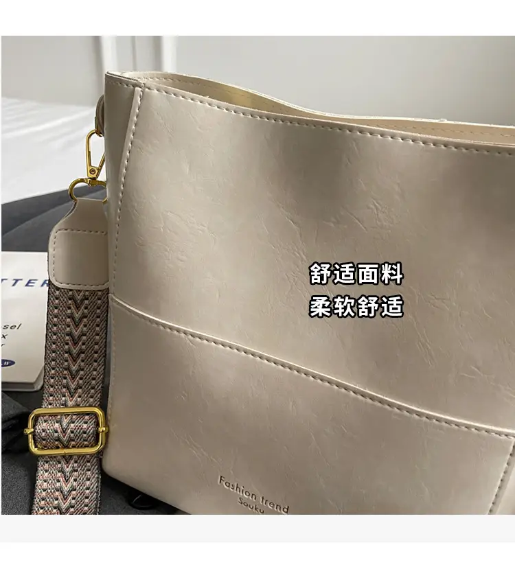 Brown Leather Bucket Bag with Wide Strap for Women — feature 7