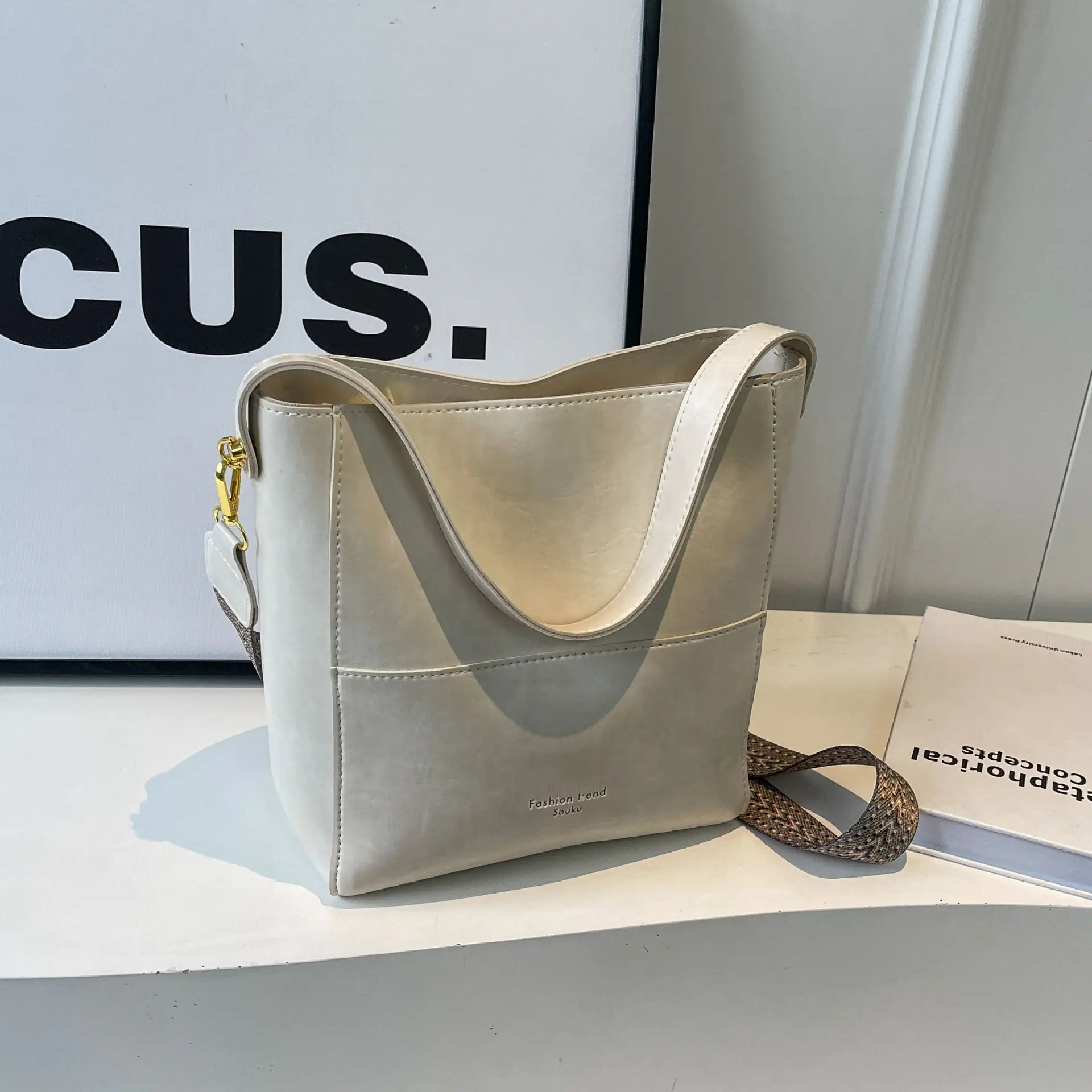 Brown Leather Bucket Bag with Wide Strap for Women - Image 2
