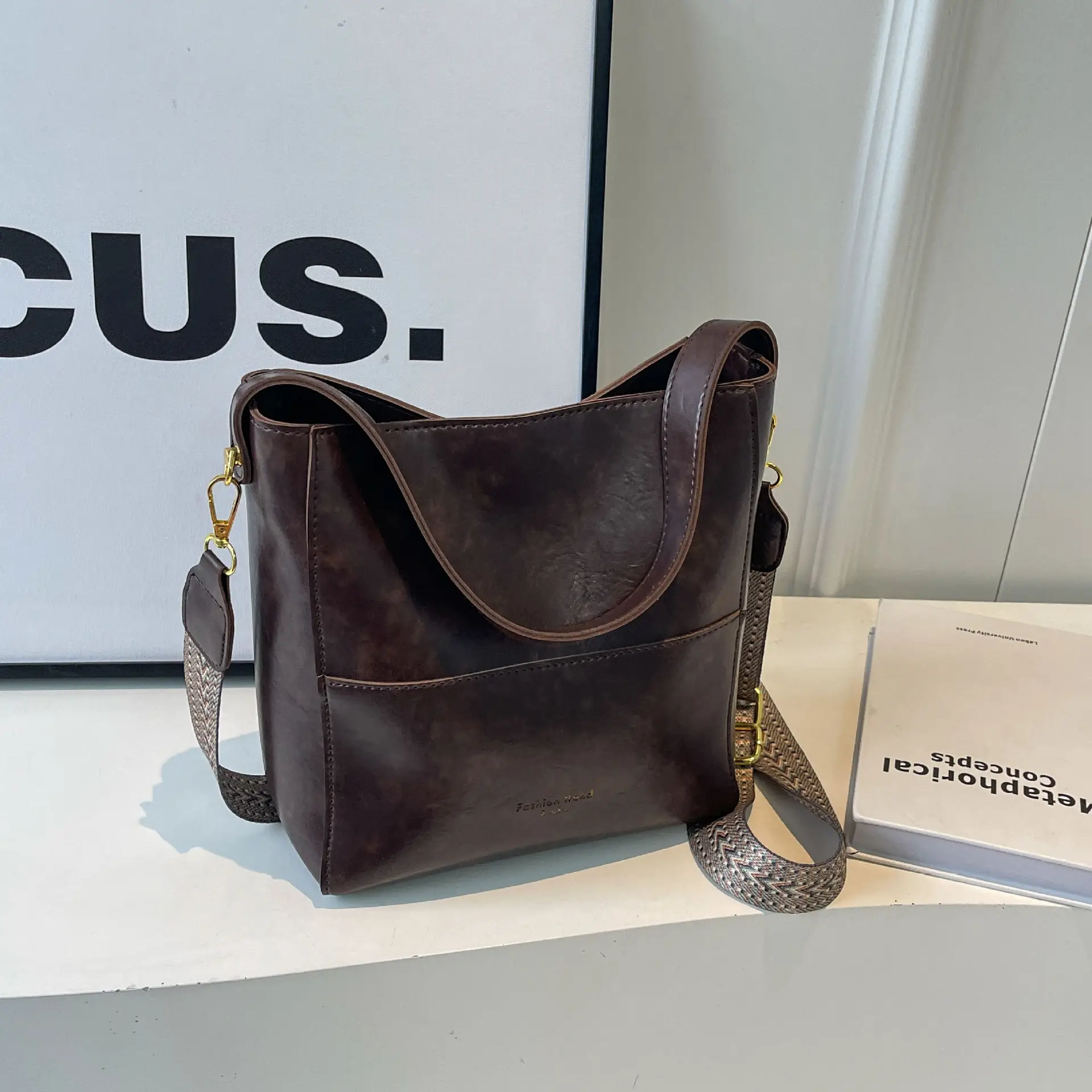 Brown Leather Bucket Bag with Wide Strap for Women - Image 3