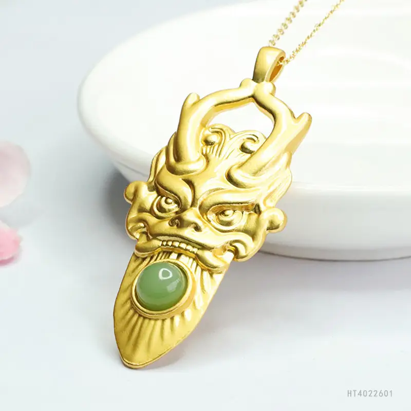 Guan Yu Dragon Head Jade Pendant Necklace Gold Green - Image 3