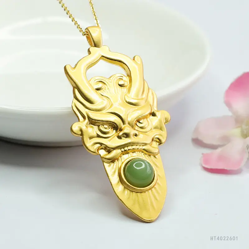 Guan Yu Dragon Head Jade Pendant Necklace Gold Green - Image 4
