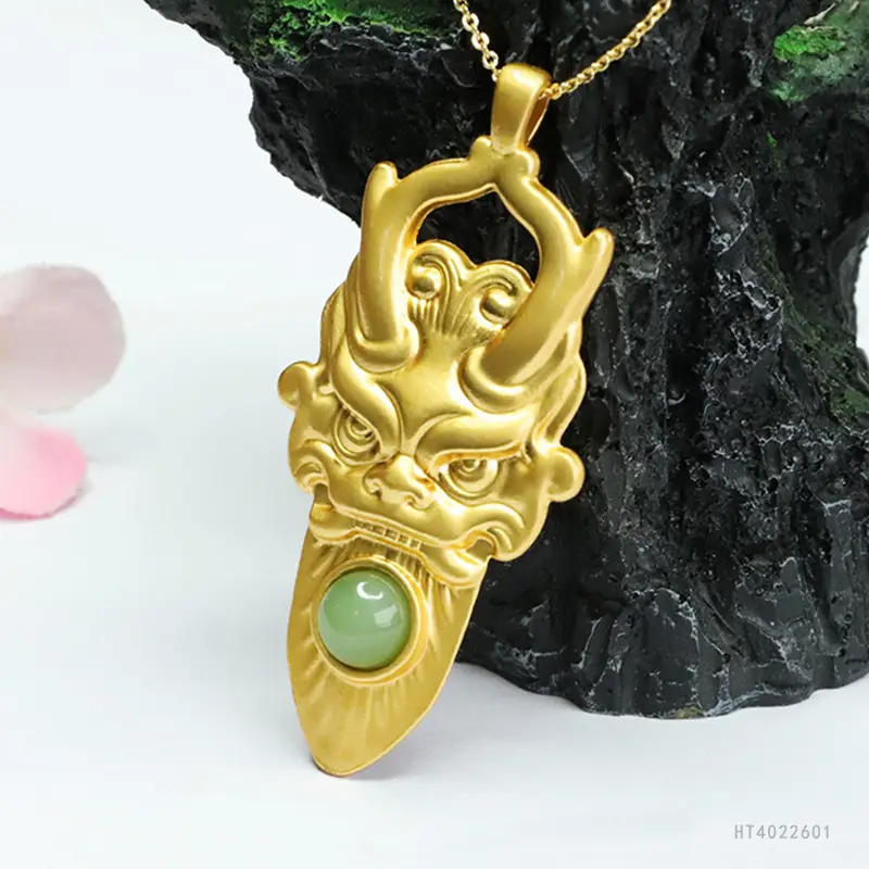 Guan Yu Dragon Head Jade Pendant Necklace Gold Green - Image 5
