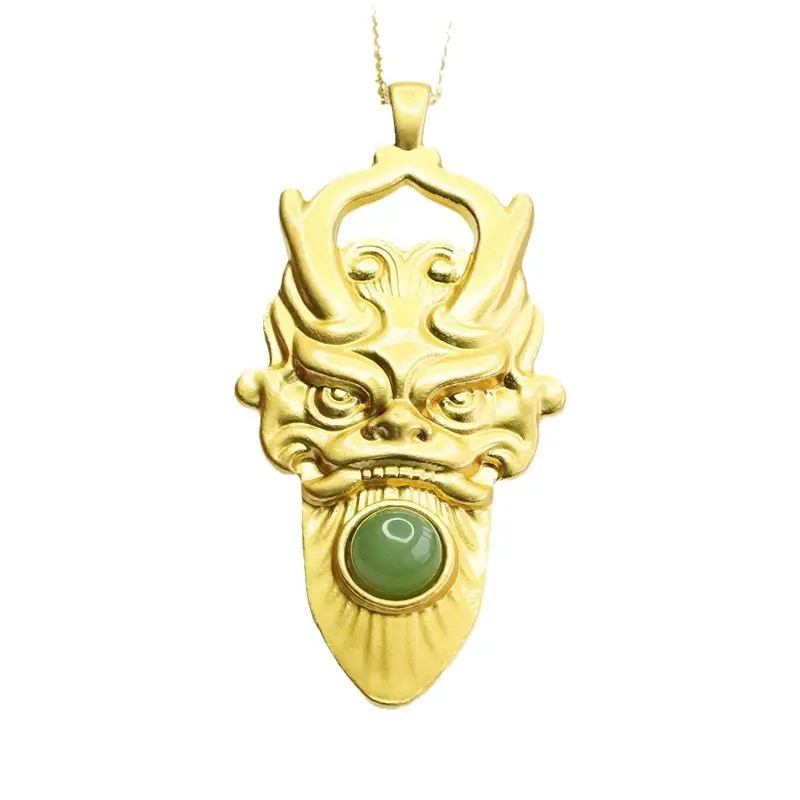 Guan Yu Dragon Head Jade Pendant Necklace Gold Green - Image 6