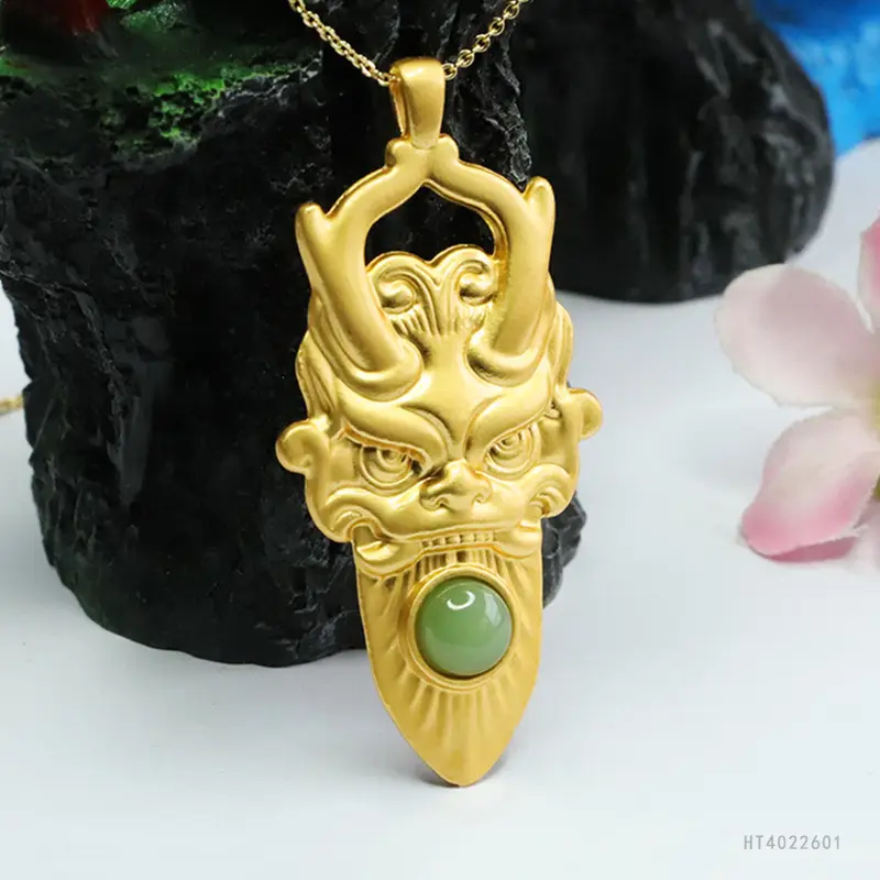 Guan Yu Dragon Head Jade Pendant Necklace Gold Green — feature 8