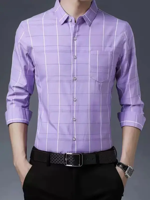Men's Purple Plaid Long Sleeve Shirt - Image 7