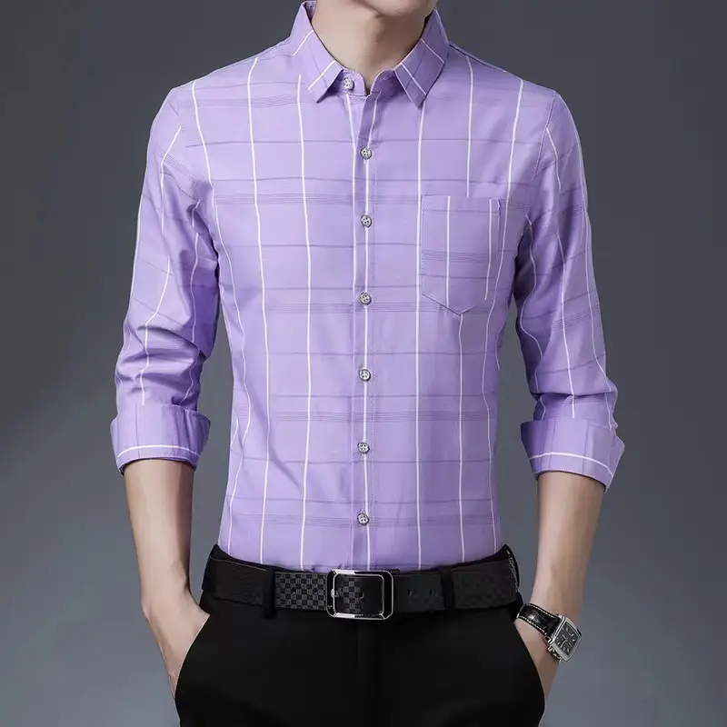 Men's Purple Plaid Long Sleeve Shirt - Image 2