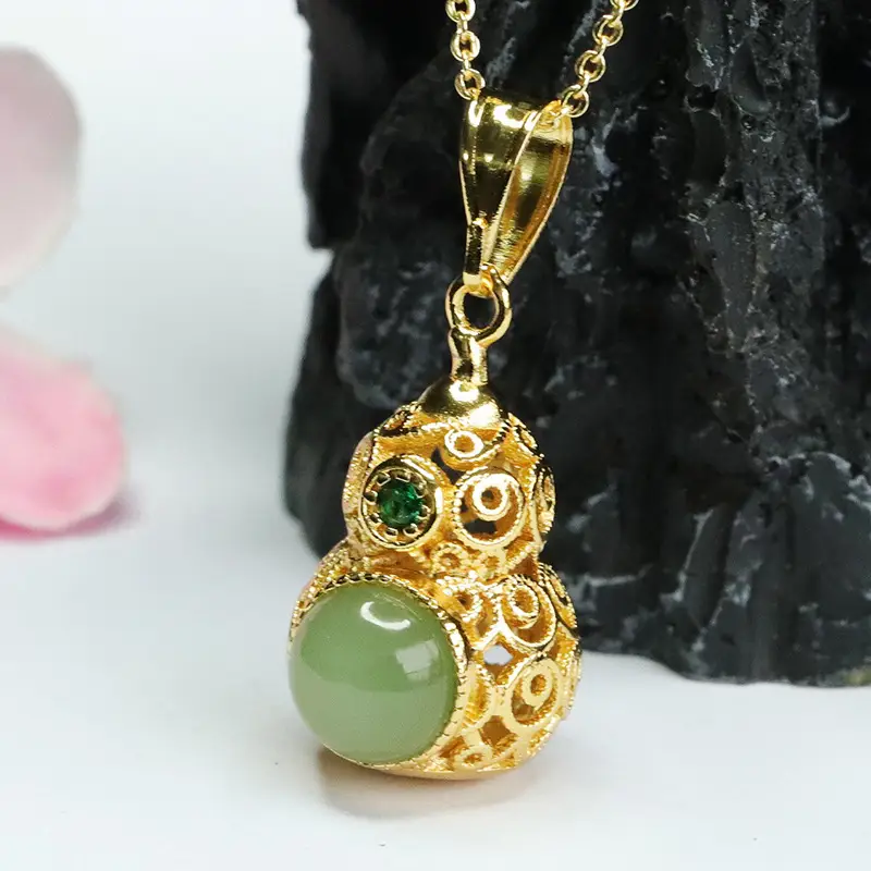 Guan Yu Jade Pendant Necklace with Jasper Gourd Design