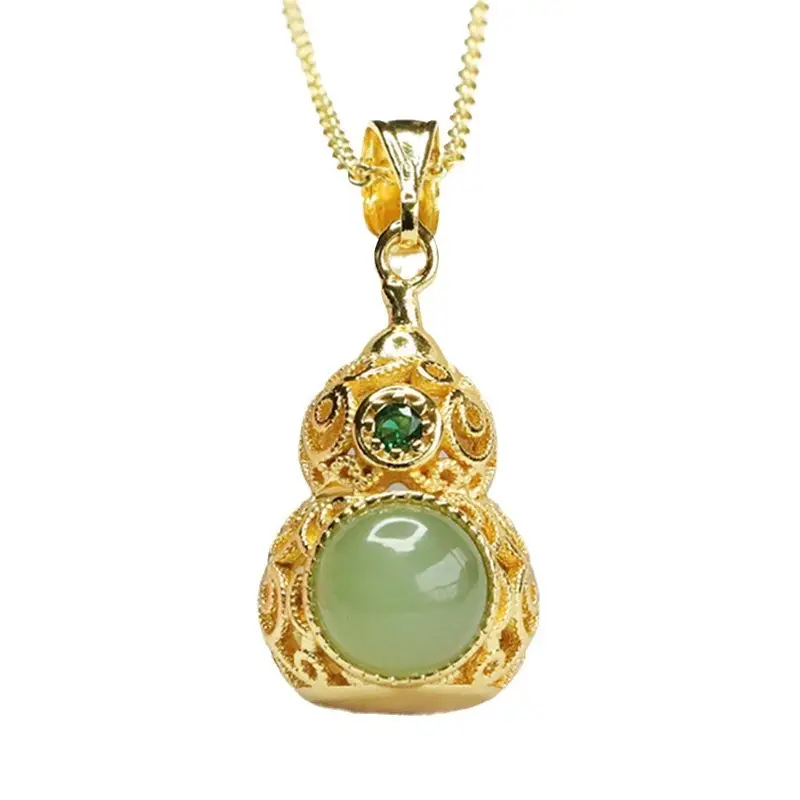 Guan Yu Jade Pendant Necklace with Jasper Gourd Design