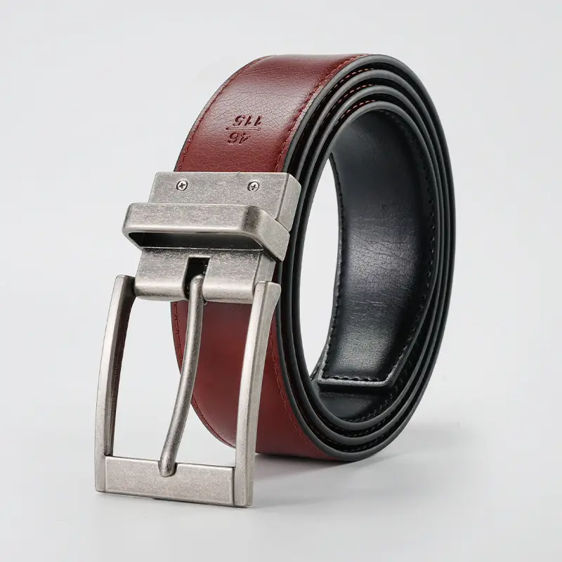 Men's Rotatable Pin Buckle Belt Red Black - Image 5