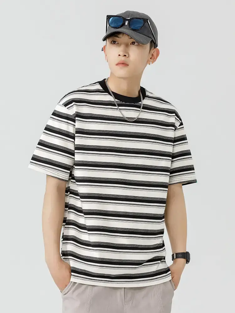 Men Striped T-Shirt Brown Grey Casual Summer - Image 4