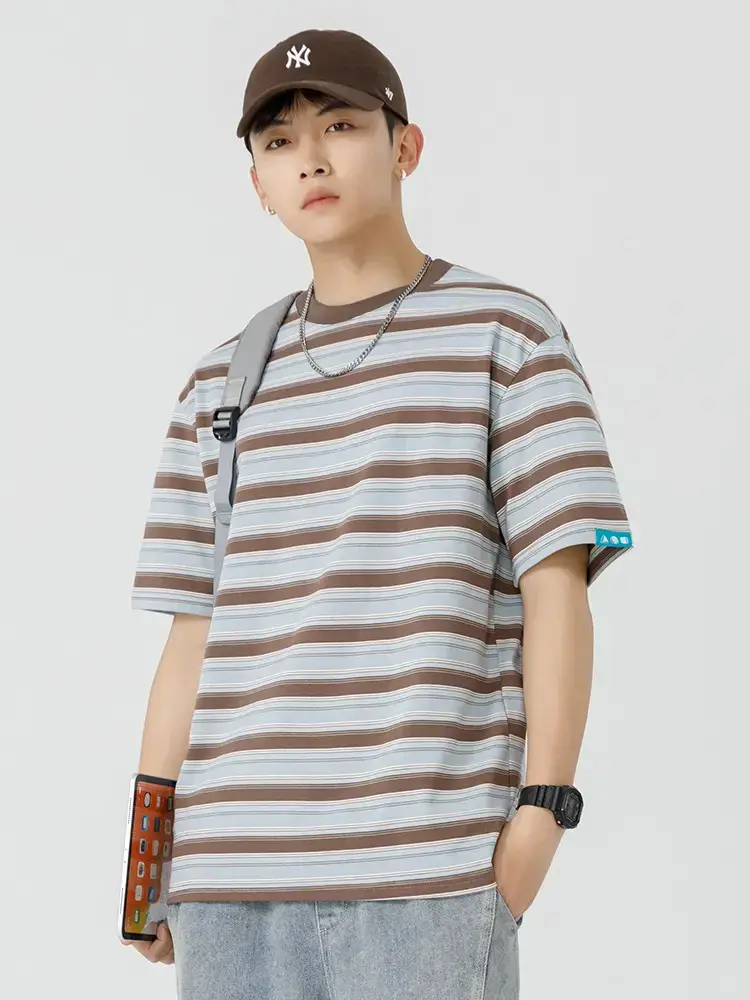 Men Striped T-Shirt Brown Grey Casual Summer - Image 5
