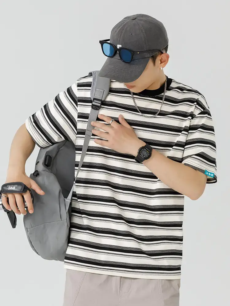 Men Striped T-Shirt Brown Grey Casual Summer - Image 6