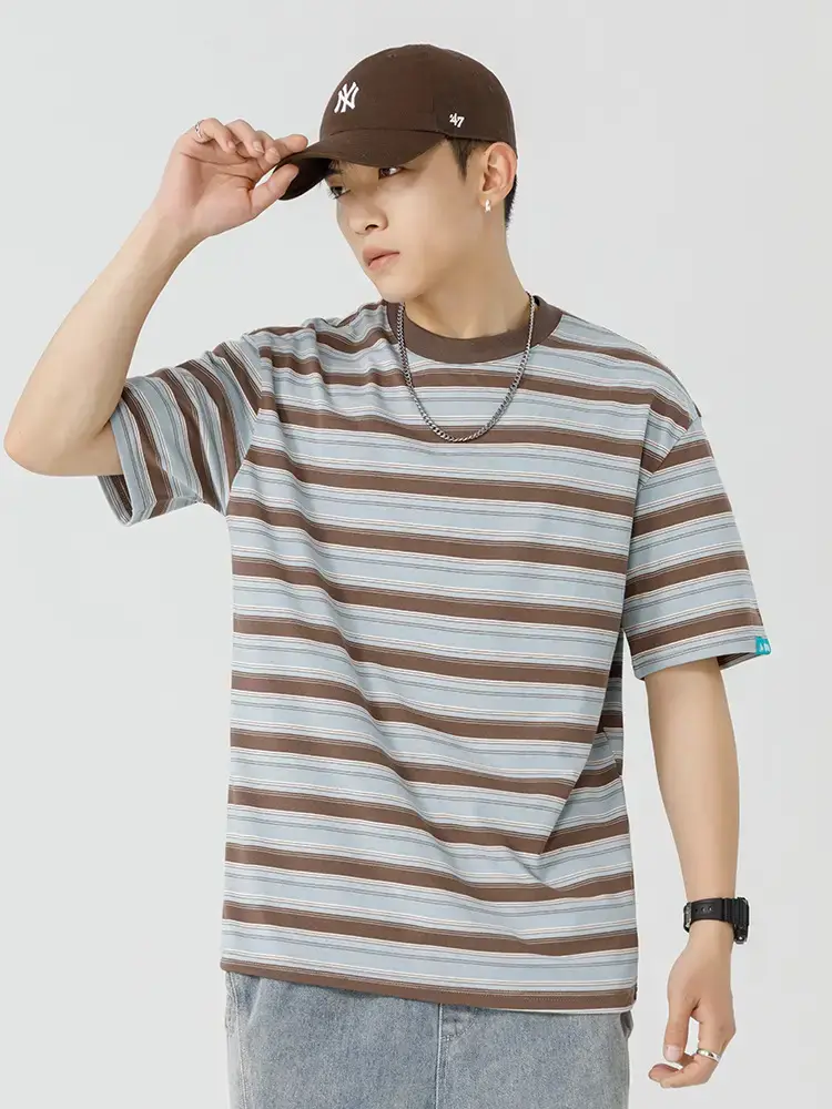 Men Striped T-Shirt Brown Grey Casual Summer - Image 7