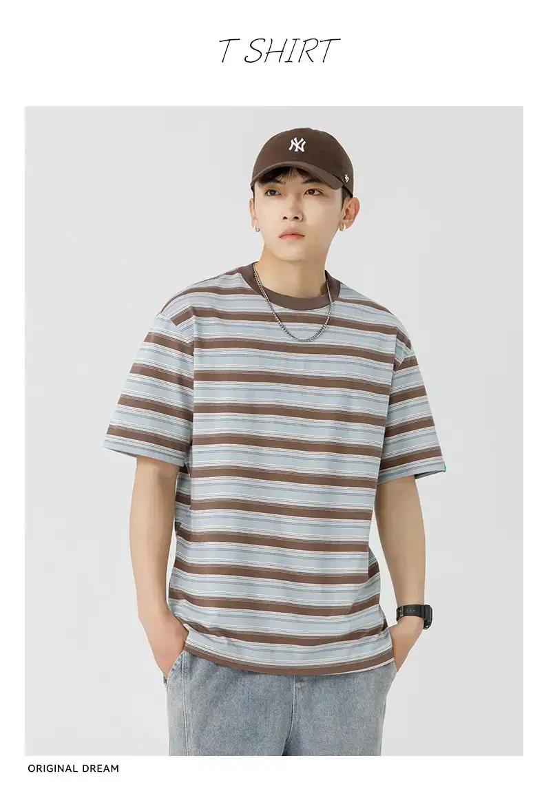 Men Striped T-Shirt Brown Grey Casual Summer — feature 17