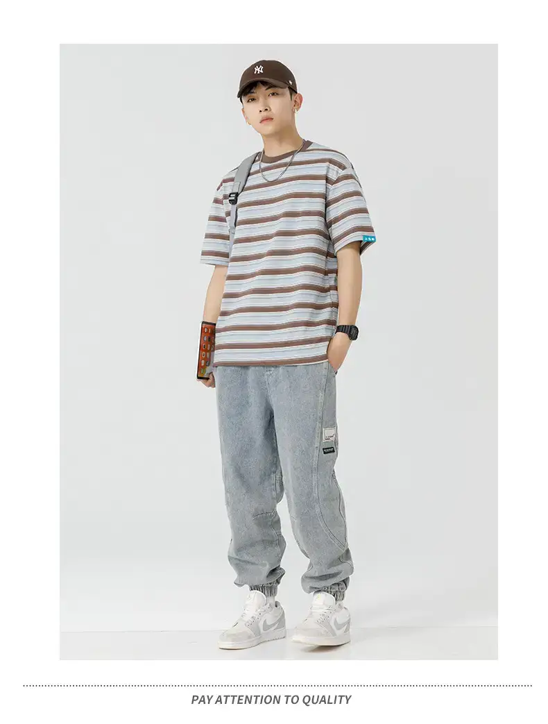 Men Striped T-Shirt Brown Grey Casual Summer — feature 23