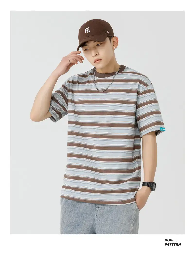 Men Striped T-Shirt Brown Grey Casual Summer — feature 24