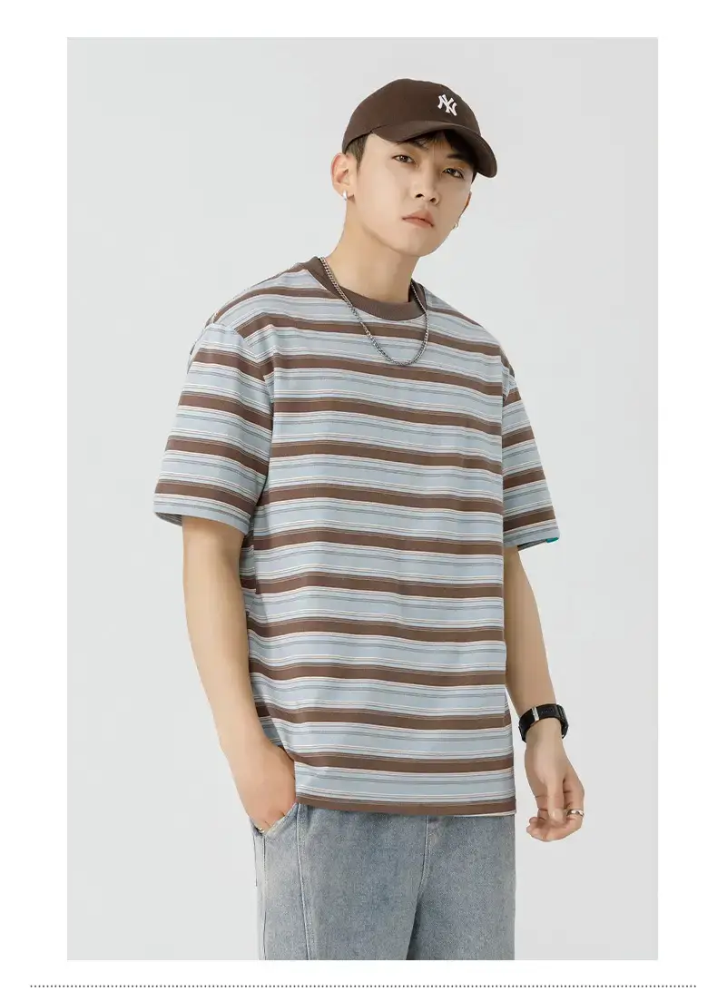 Men Striped T-Shirt Brown Grey Casual Summer — feature 25