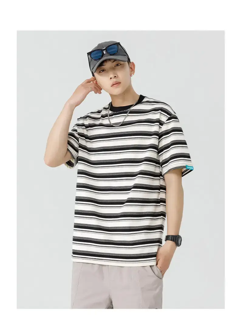 Men Striped T-Shirt Brown Grey Casual Summer — feature 26