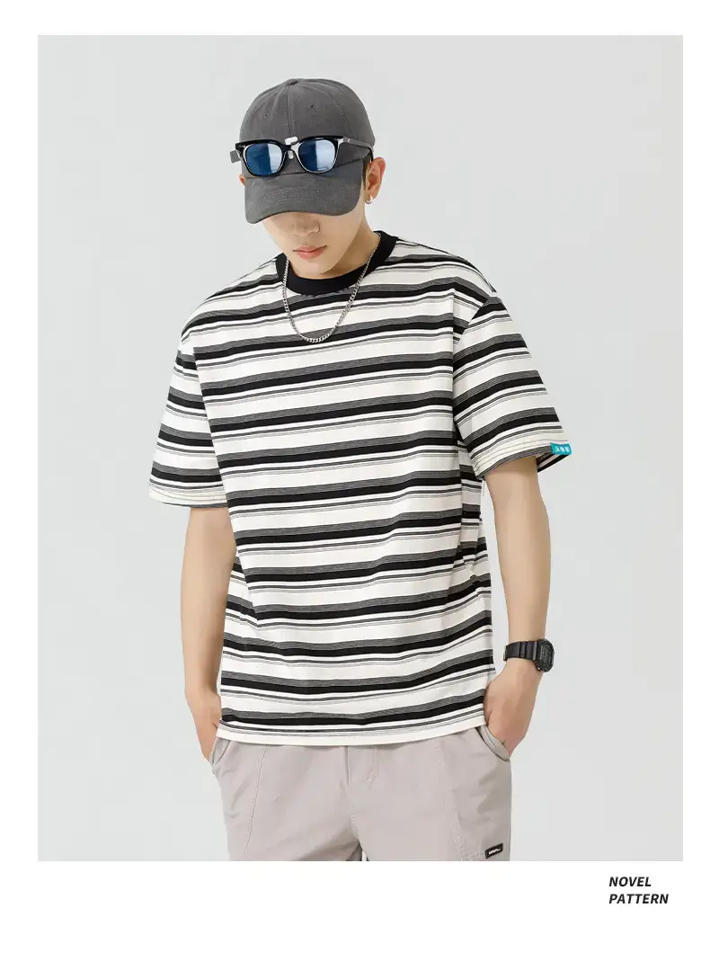 Men Striped T-Shirt Brown Grey Casual Summer — feature 28