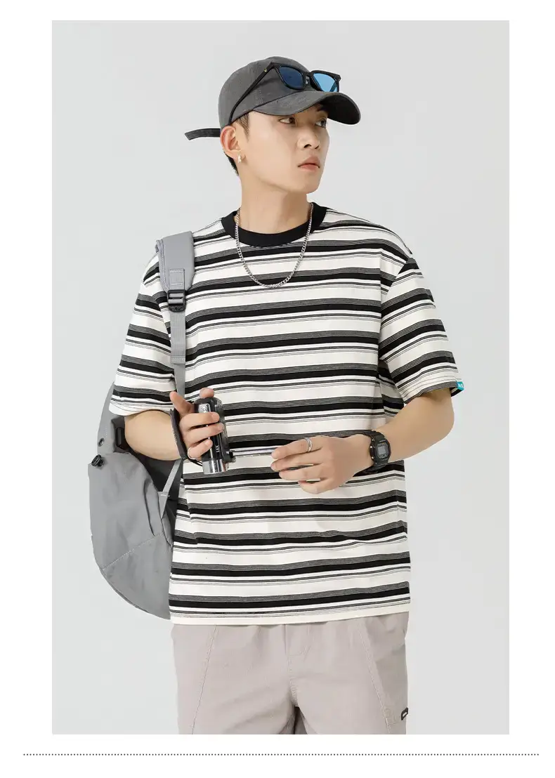 Men Striped T-Shirt Brown Grey Casual Summer — feature 29