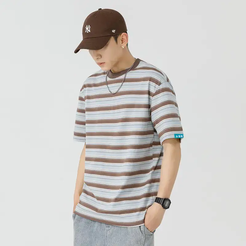 Men Striped T-Shirt Brown Grey Casual Summer - Image 2