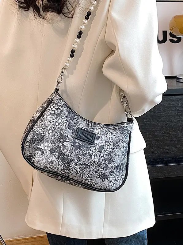 2025 Sanfu Pain Bag Pearl National Print Shoulder Crossbody
