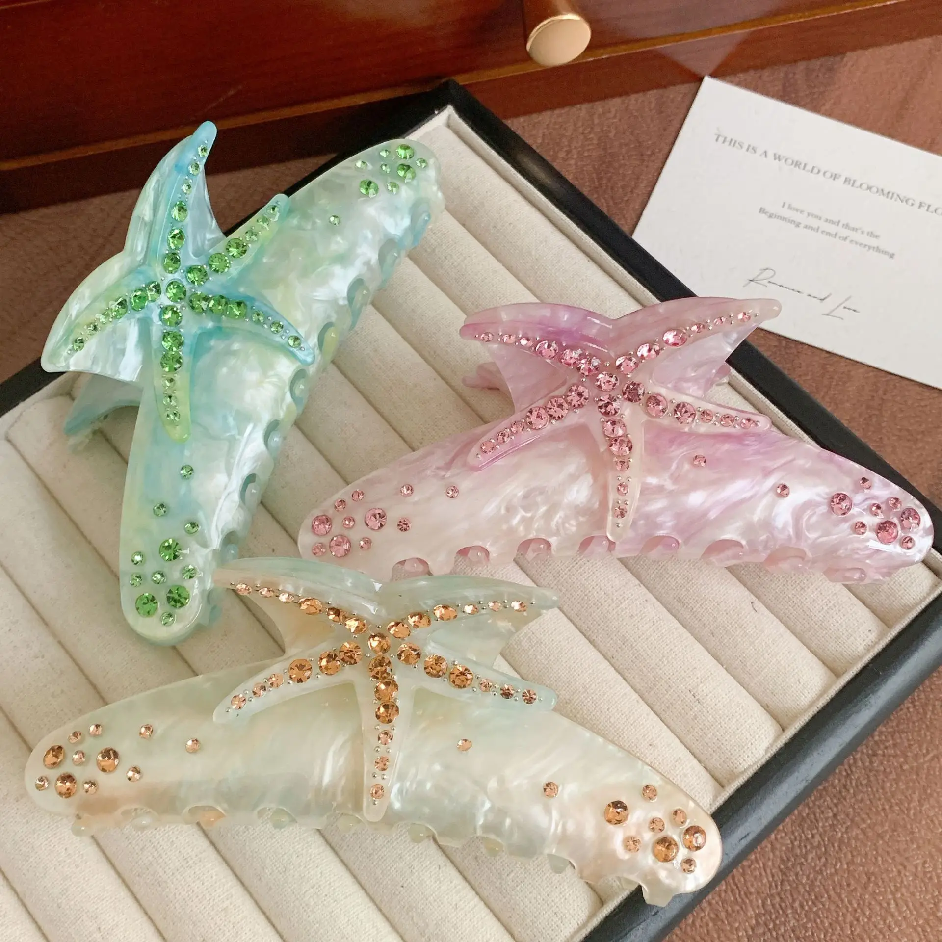 Oversized Diamond Starfish Hair Clips Green Pink