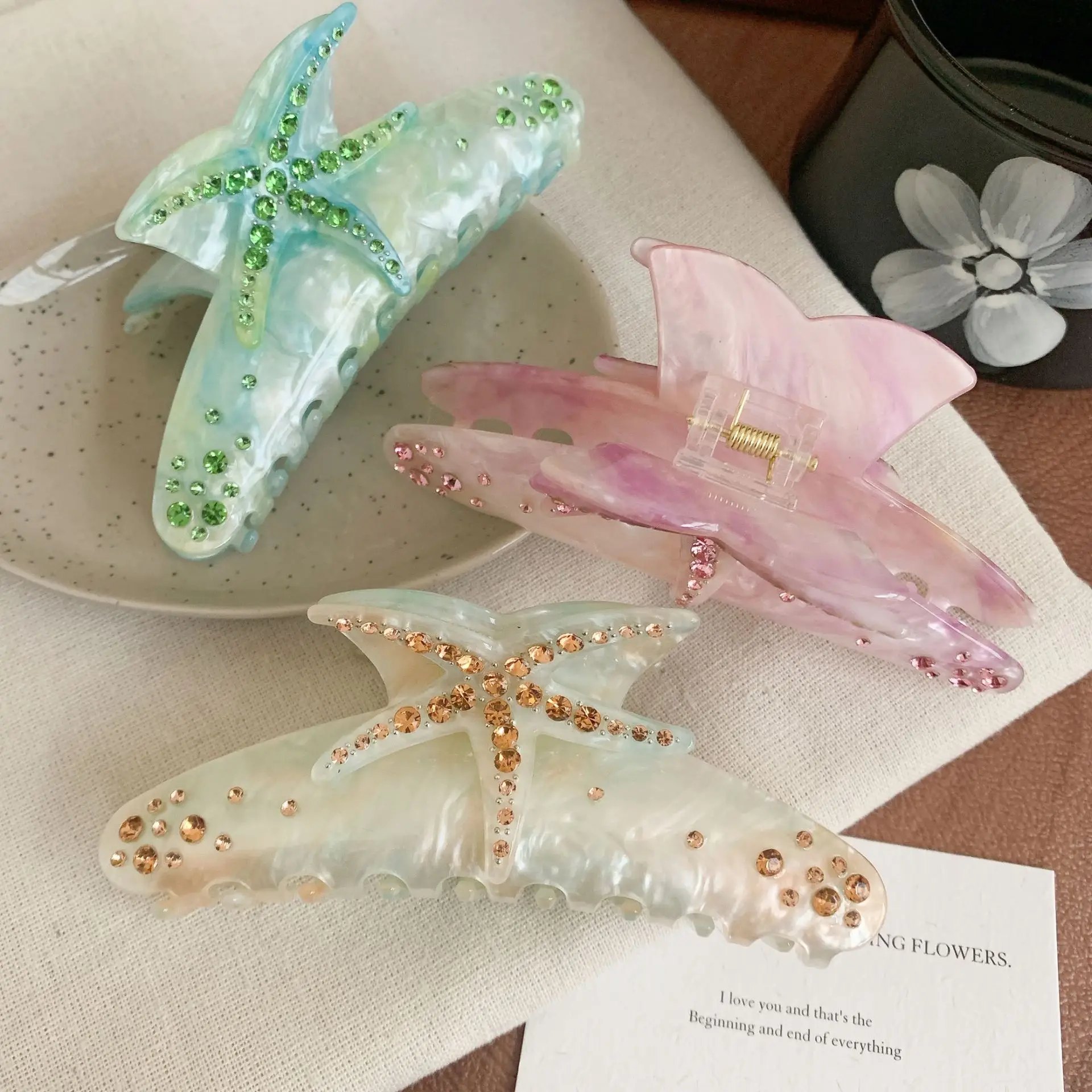 Oversized Diamond Starfish Hair Clips Green Pink