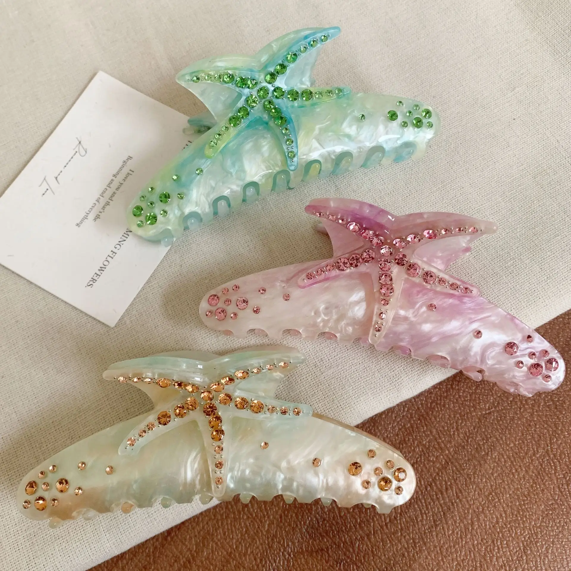 Oversized Diamond Starfish Hair Clips Green Pink
