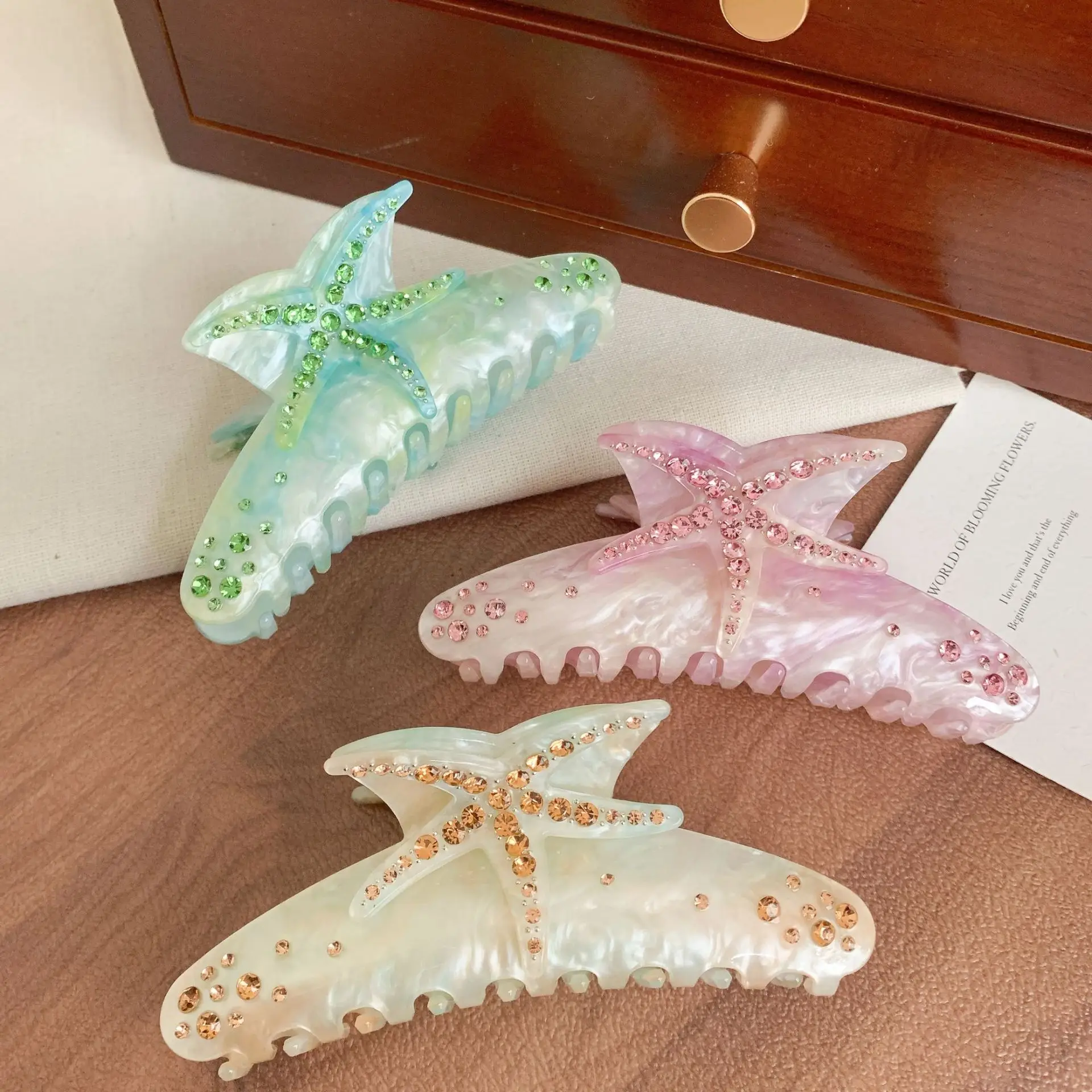 Oversized Diamond Starfish Hair Clips Green Pink