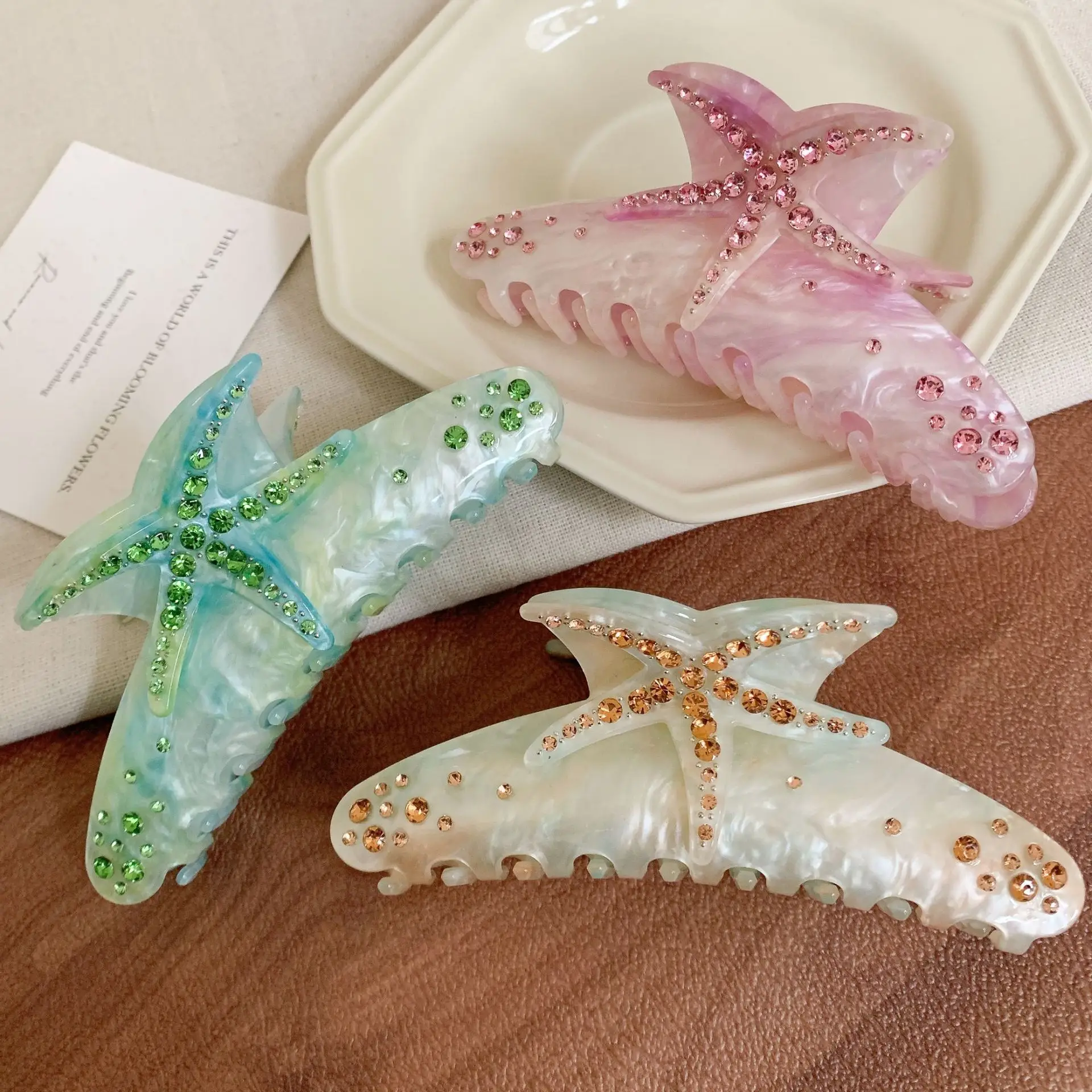 Oversized Diamond Starfish Hair Clips Green Pink — feature 12