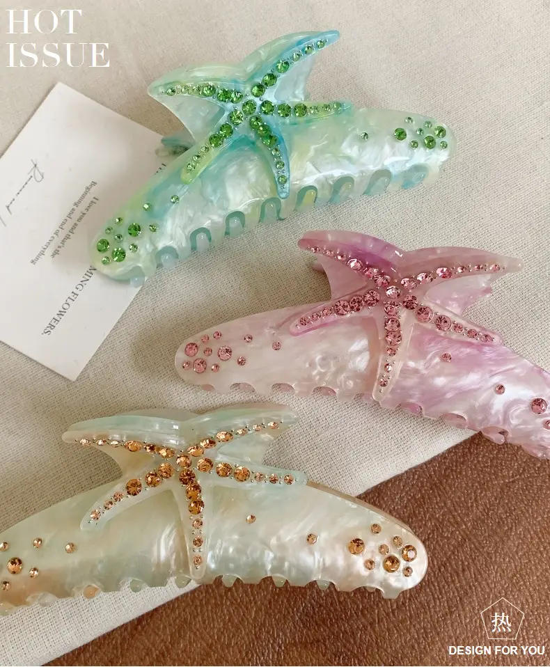 Oversized Diamond Starfish Hair Clips Green Pink — feature 3
