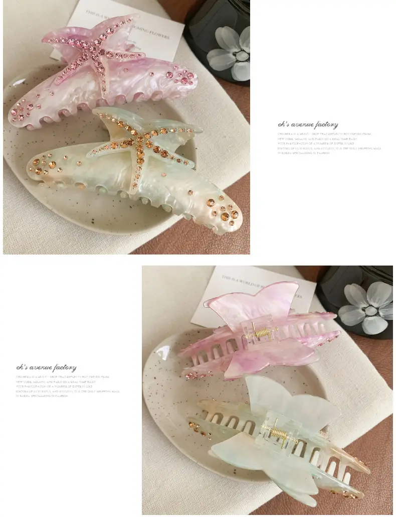 Oversized Diamond Starfish Hair Clips Green Pink — feature 9