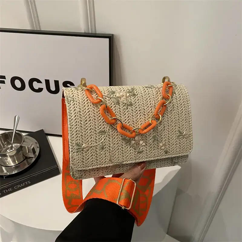 Korean Style Woven Chain Shoulder Bag Red Orange - Image 8