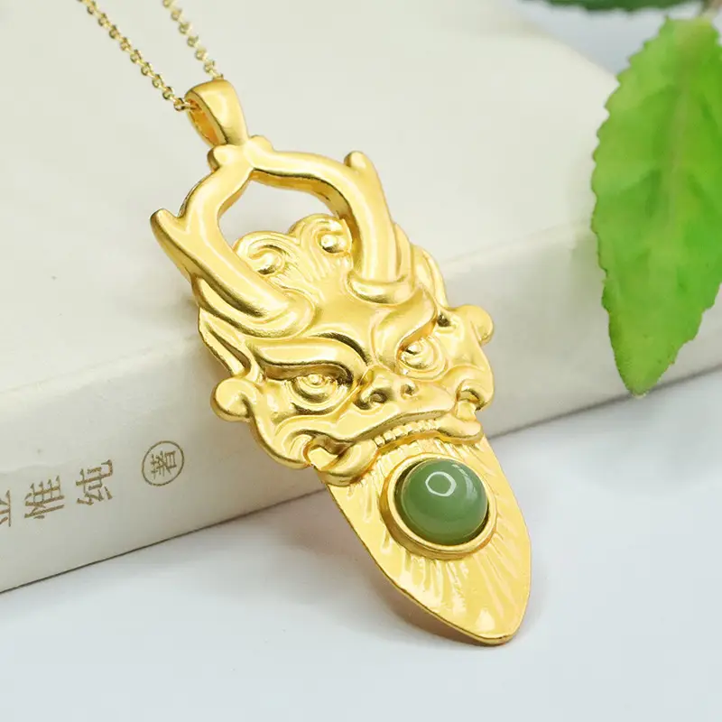 Golden Dragon Head Pendant with Green Jade Stone - Image 4
