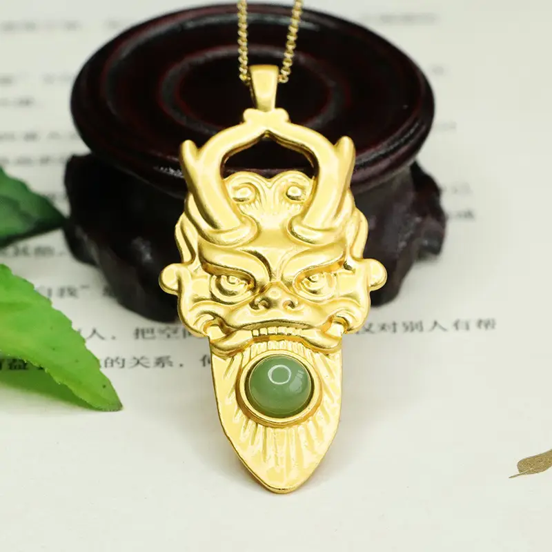 Golden Dragon Head Pendant with Green Jade Stone - Image 5