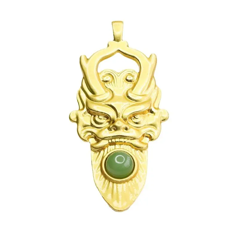Golden Dragon Head Pendant with Green Jade Stone - Image 6