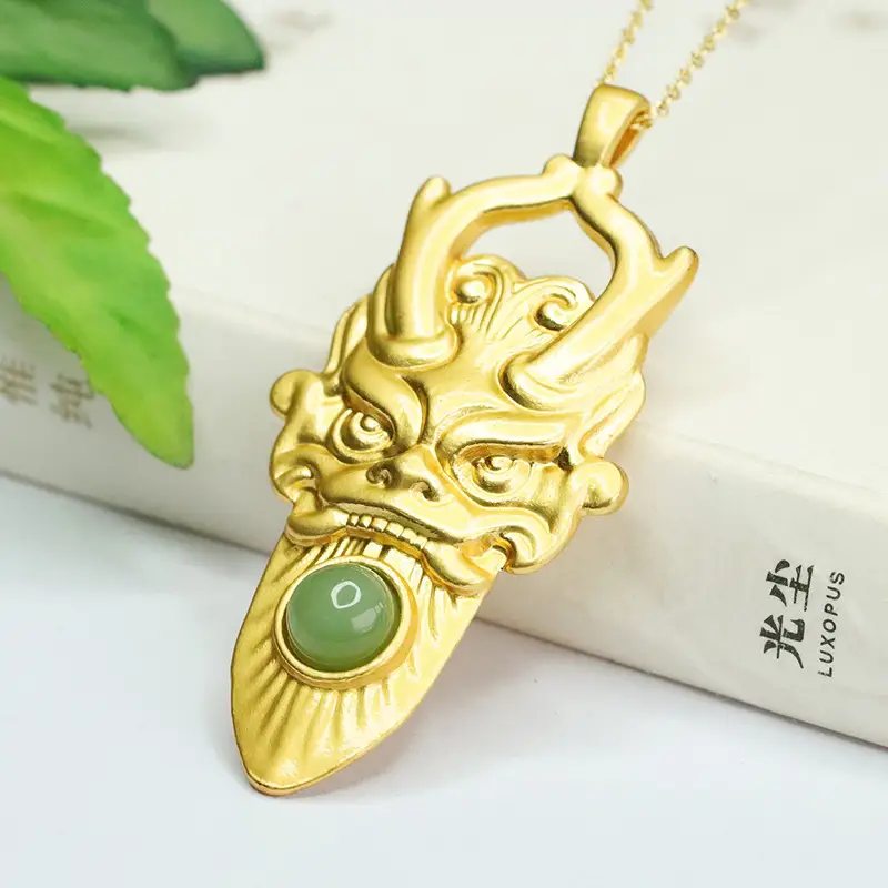 Golden Dragon Head Pendant with Green Jade Stone — feature 3