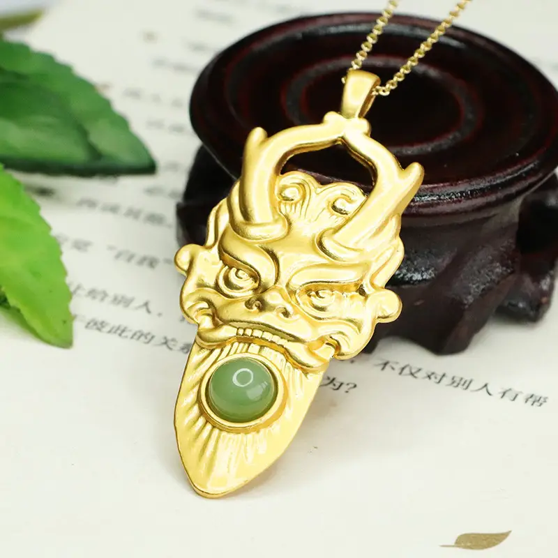 Golden Dragon Head Pendant with Green Jade Stone — feature 8
