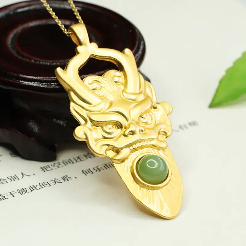 Golden Dragon Head Pendant with Green Jade Stone — feature 9