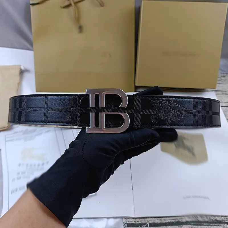 Men's Black Embossed Buckle Belt with Gold Logo - Image 2