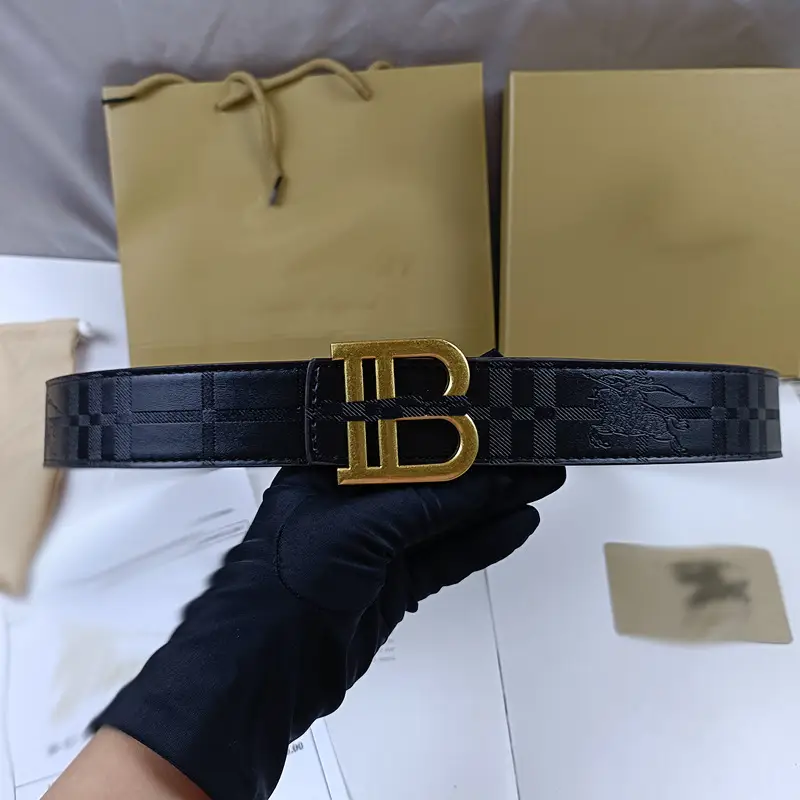 Men's Black Embossed Buckle Belt with Gold Logo - Image 3