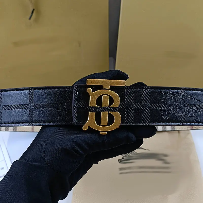 Men's Black Embossed Buckle Belt with Gold Logo - Image 9
