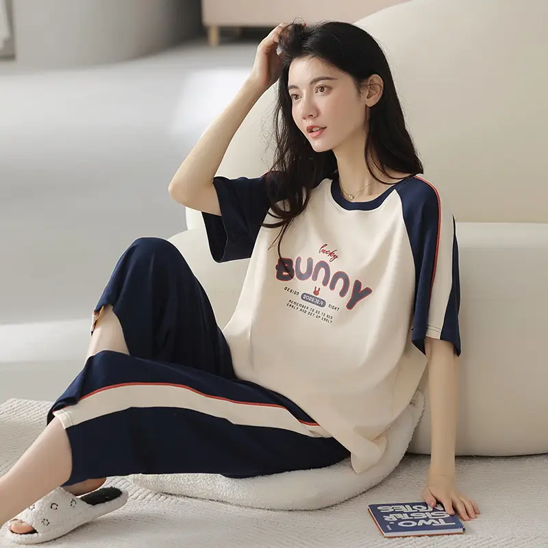 100% cotton pajamas women's short-sleeved cropped pants Korean summer New loose casual student home wear suit thin
